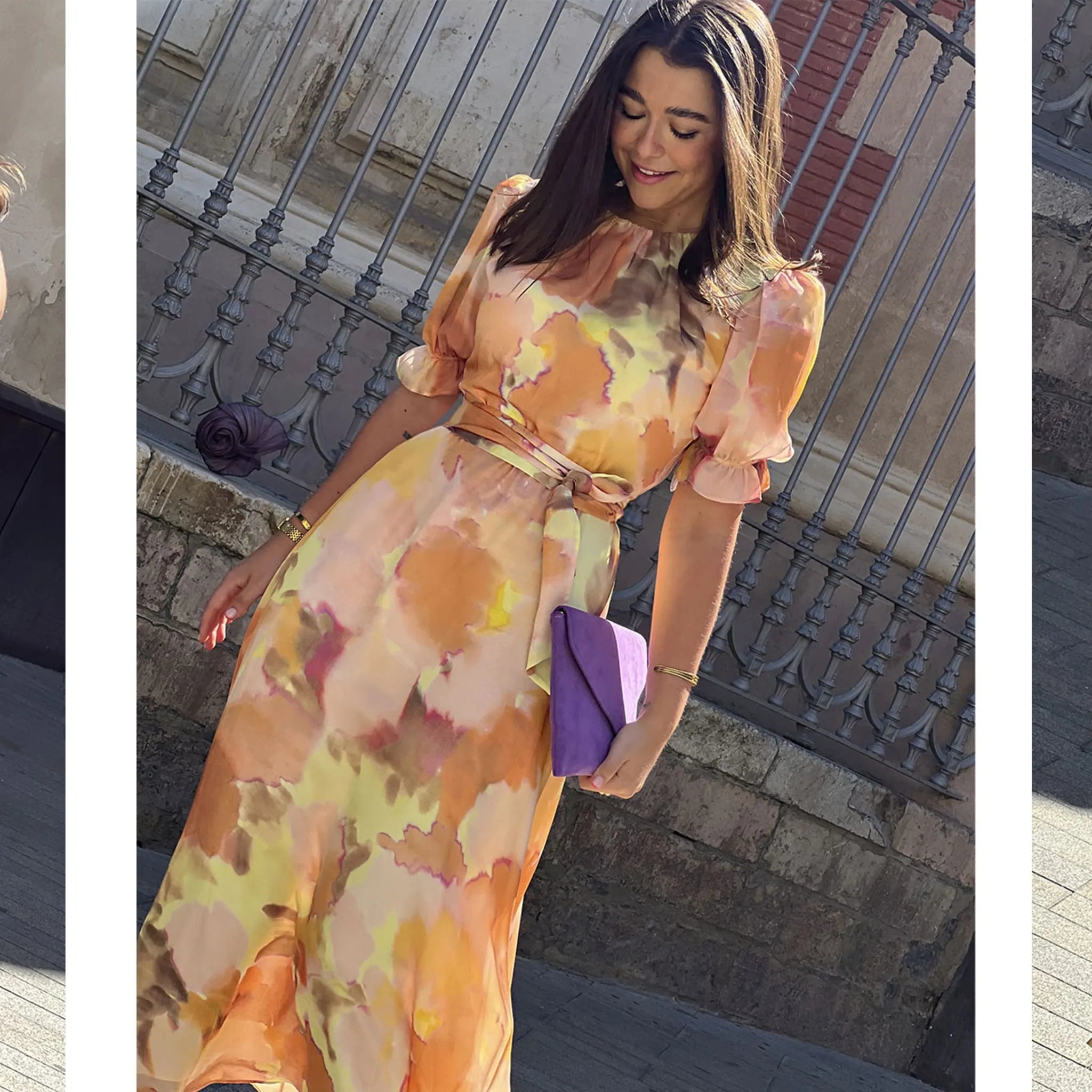 Vestido Paz  detalle silueta en movimiento y tejido estampado invitada perfecta mami de comunión ideal