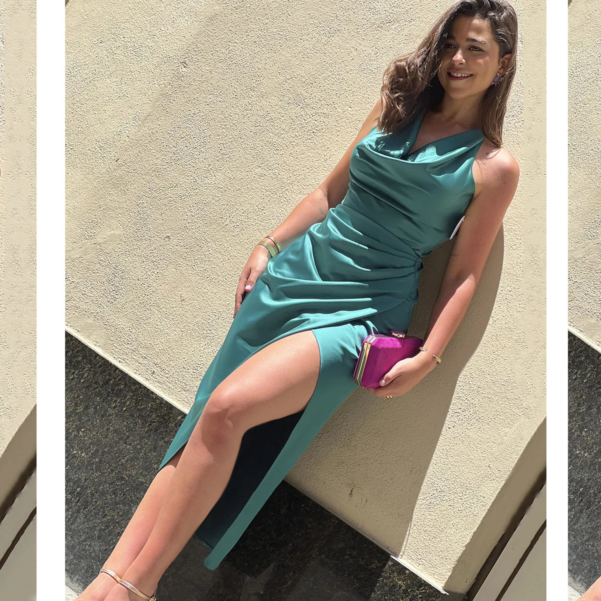 Vestido Defne Verde detalle silueta, drapeado y apertura pierna, escote lazada multi-posición invitada perfecta graduación ideal