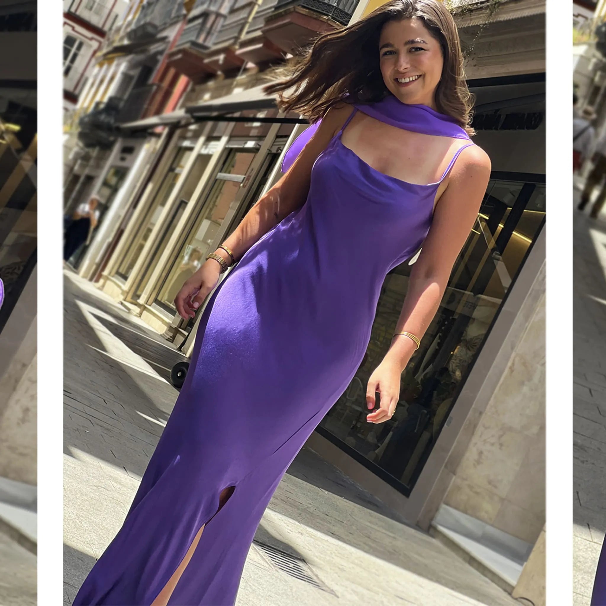 Vestido Cayetana Morado detalle silueta en movimiento y capa de gasa invitada perfecta graduación ideal