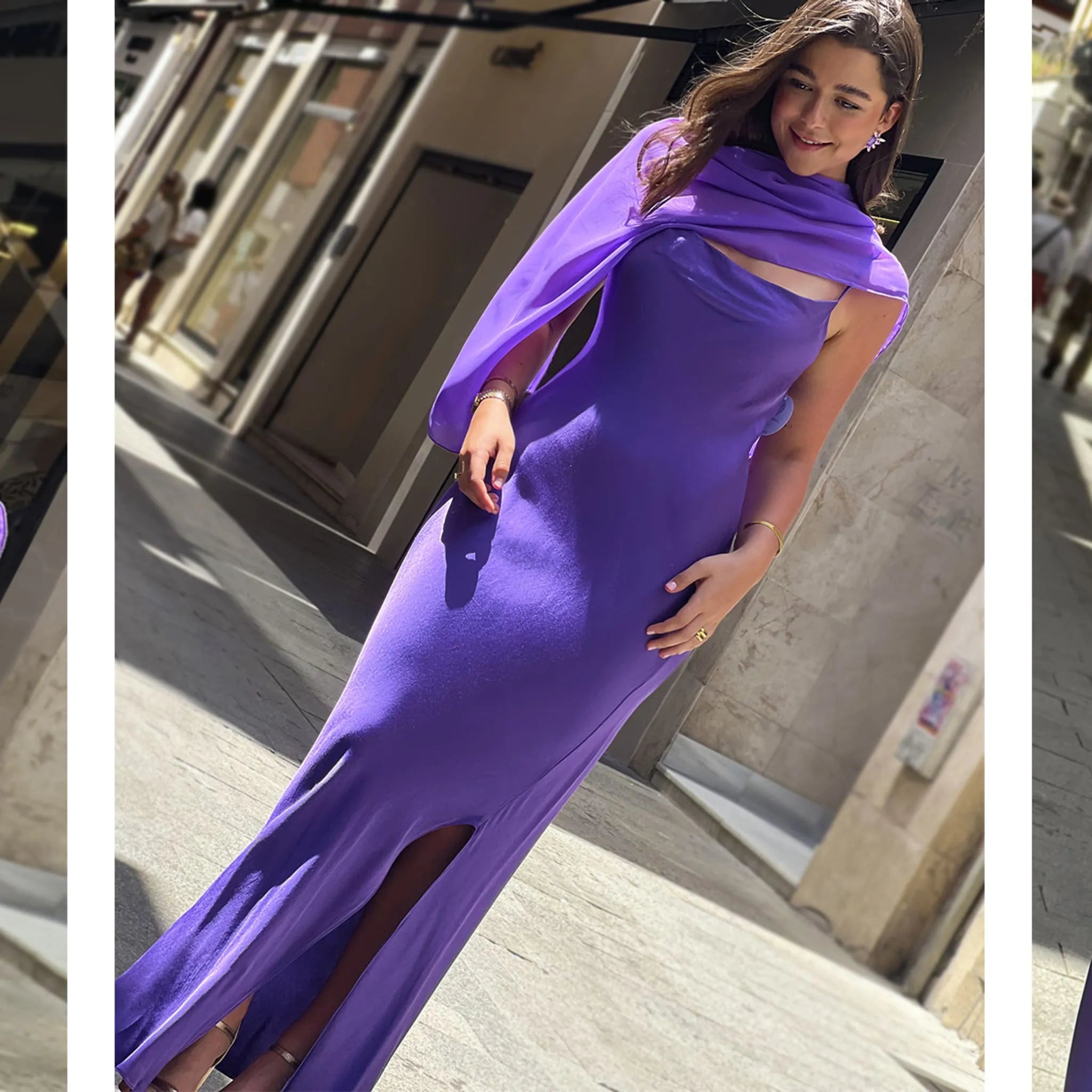 Vestido Cayetana Morado detalle silueta lencero y apertura pierna invitada perfecta graduación ideal