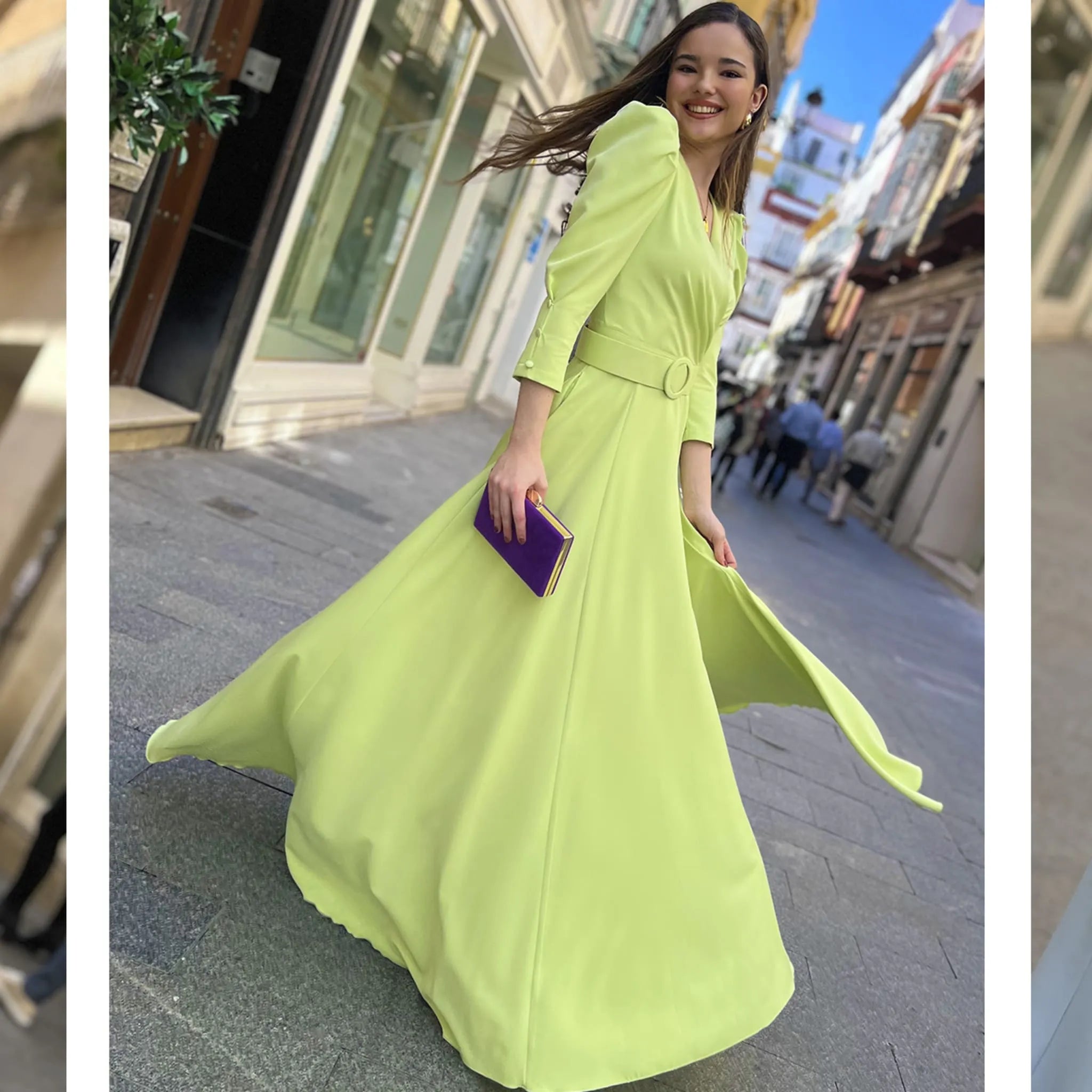 Vestido Velvet V. Manzana Largo detalle silueta en movimiento perfil de hombros y falda vuelo invitada perfecta madrina ideal graduación damas de honor