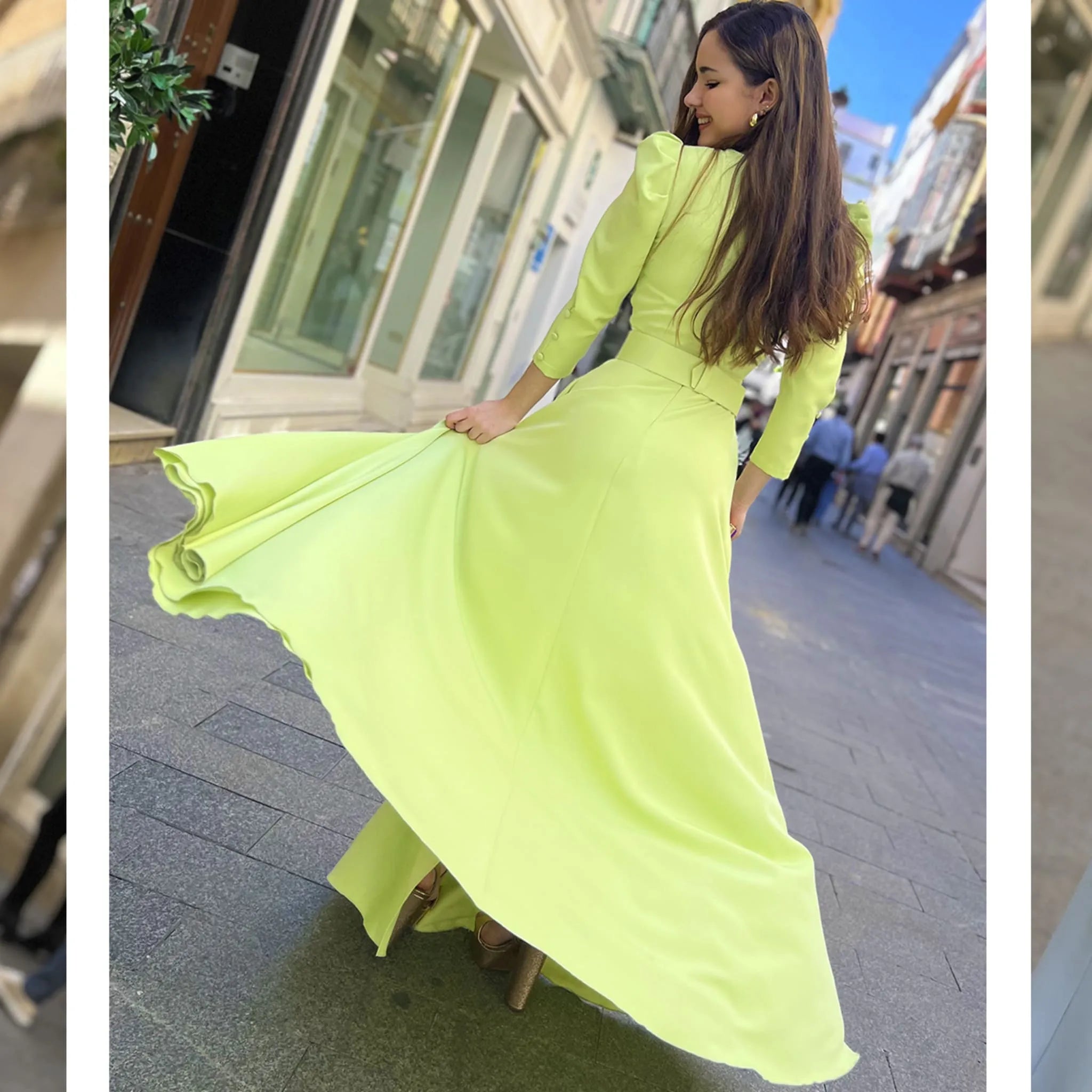 Vestido Velvet V. Manzana Largo detalle silueta espalda en movimiento y falda vuelo invitada perfecta madrina ideal graduación damas de honor