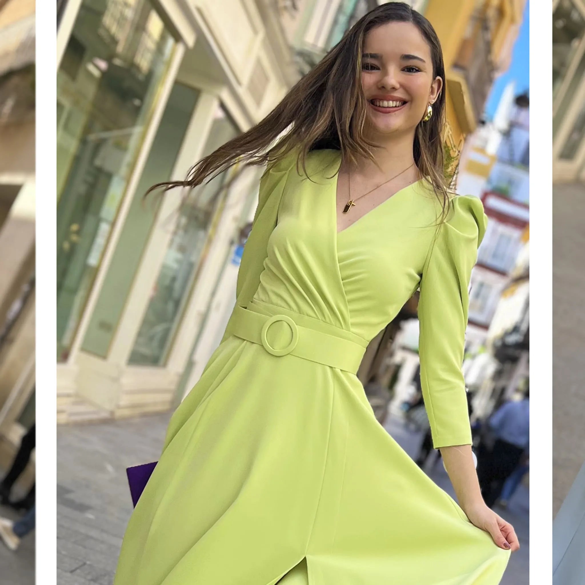 Vestido Velvet V. Manzana Largo detalle cintura marcada escote en v cruzado y mangas abullonadas invitada perfecta madrina ideal graduación damas de honor