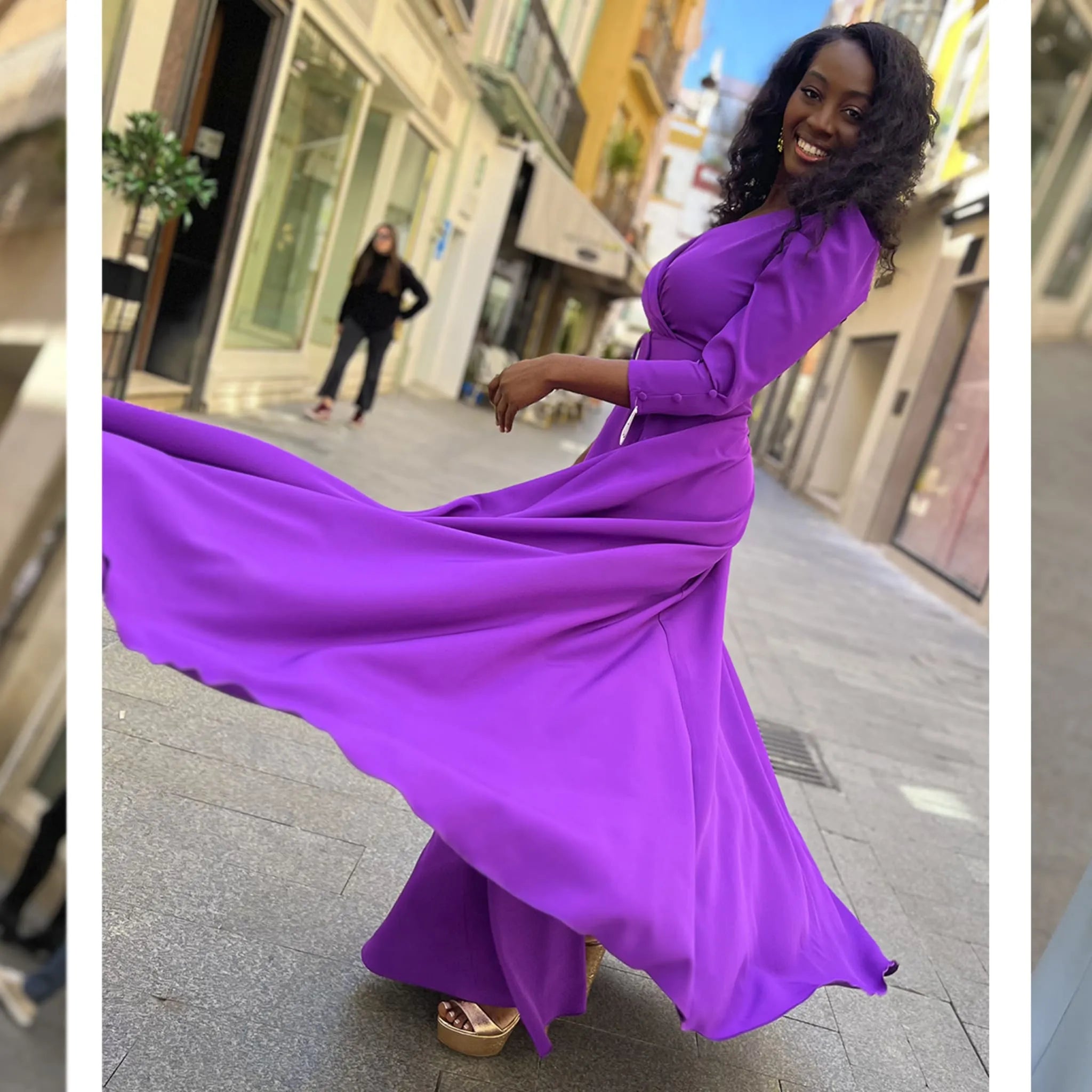 Vestido Velvet Morado Largo detalle silueta en movimiento perfil de hombros y falda vuelo invitada perfecta madrina ideal graduación damas de honor