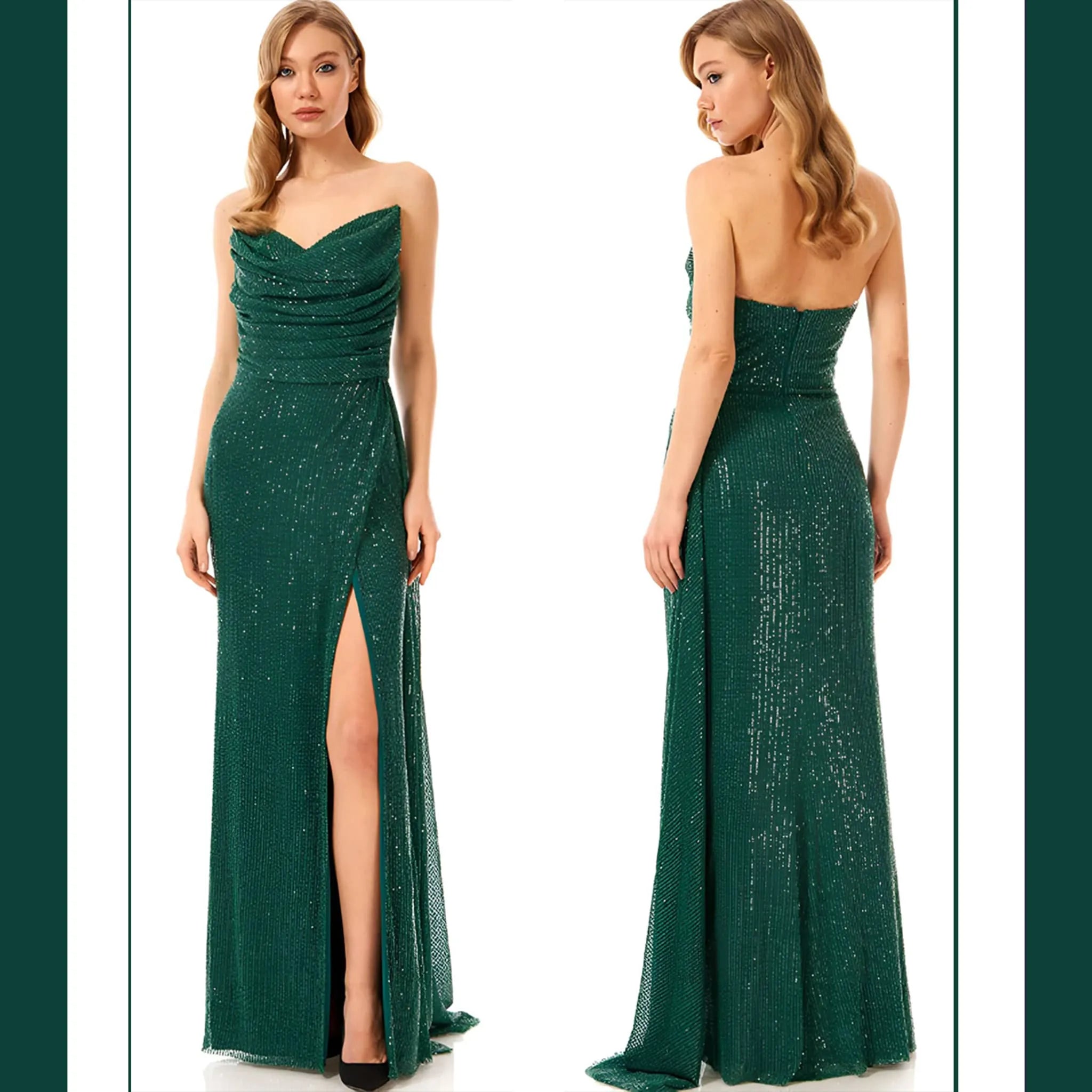 Vestido Hiranur Verde detalle silueta y espalda, apertura pierna invitada perfecta graduación ideal madrina perfecta