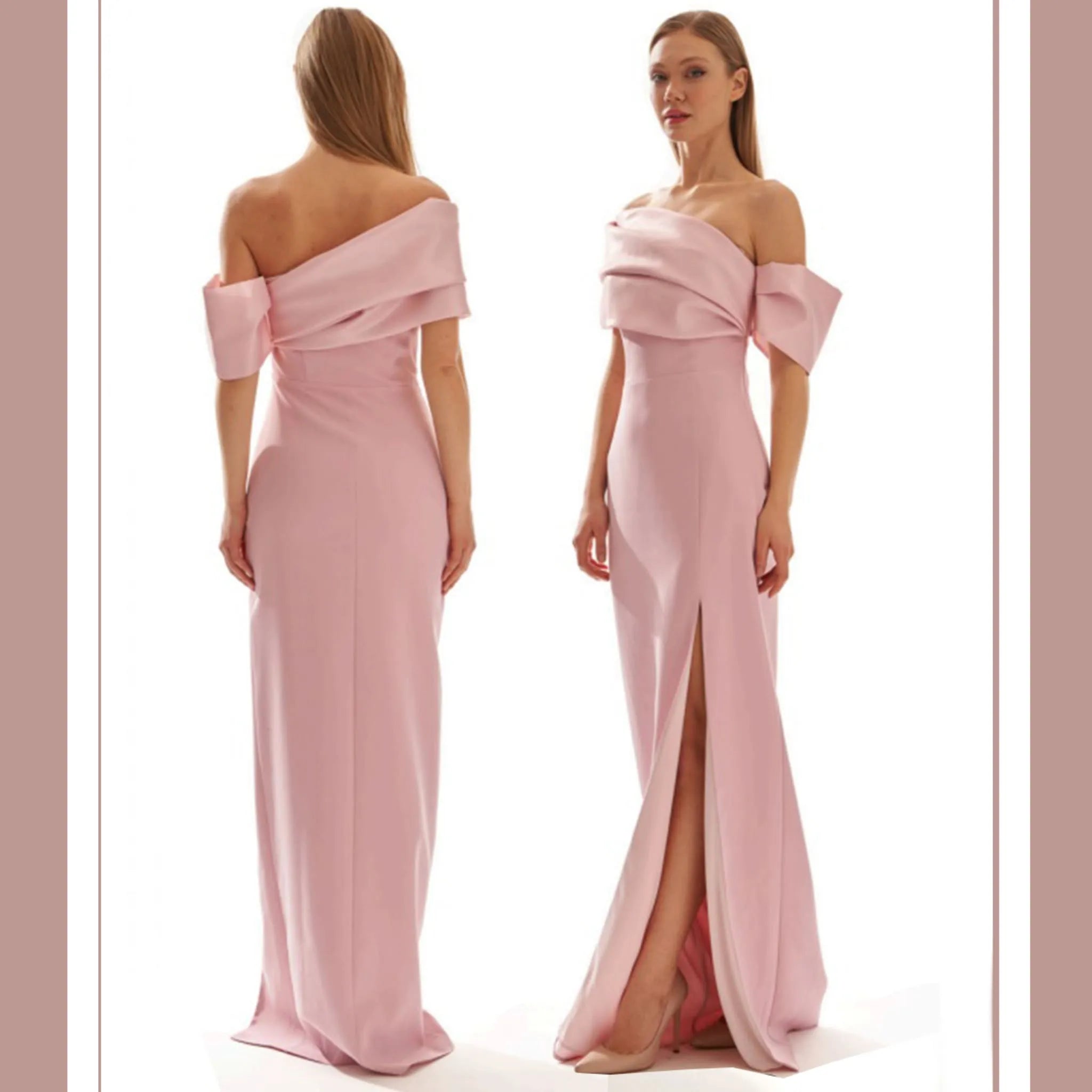 Vestido Algeciras Nude detalle espalda y perfil con apertura pierna, escote asimétrico, invitada perfecta graduación ideal madrina perfecta